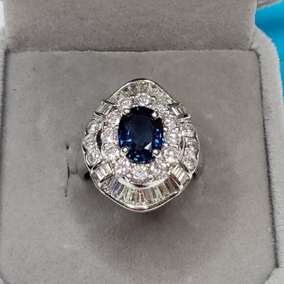 Luxury Blue Sapphire and Diamond In 18k White Gold Ring Classy and Elegant - Picture 11 of 17